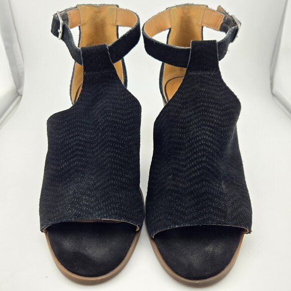 Lucky Brand Baxley Black Suede Bootie Sandals | Size 7M Peep Toe Ankle Strap - Picture 2 of 13